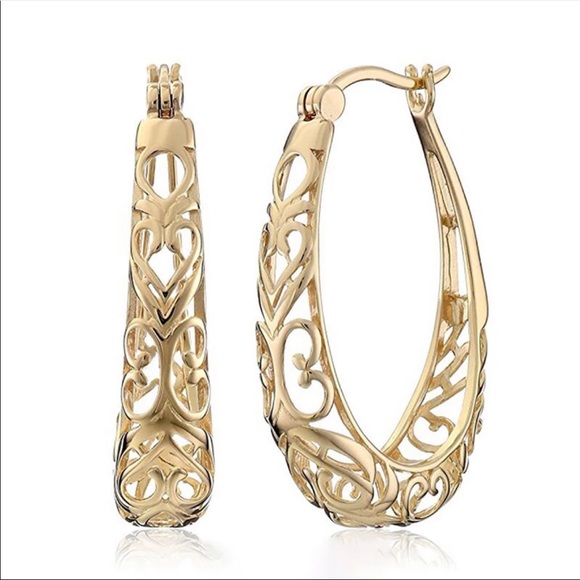 NewYellow Gold Plated Vintage Carved Hoop Earrings - Picture 2 of 2